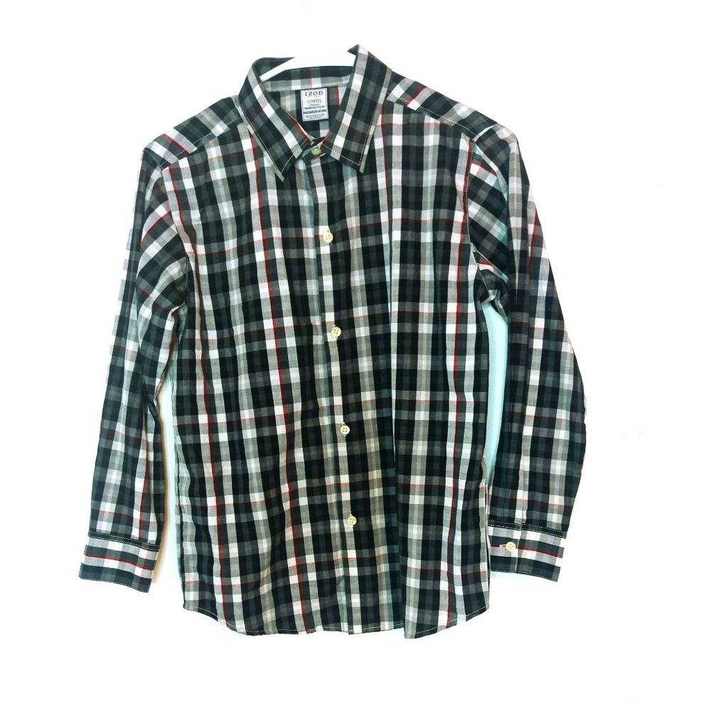 IZOD Boys Button Up Long Sleeve Dress Shirt Plaid Size Large (10/12) Black Red